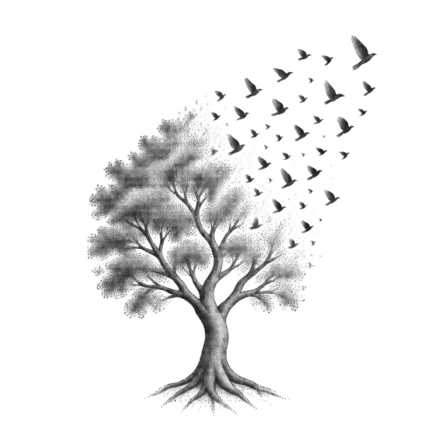 Dotwork tattoo design of a tree canopy dissolving into birds