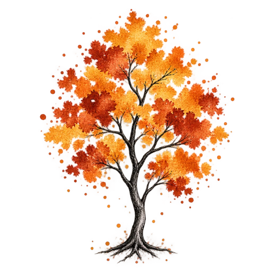 Watercolour tattoo design of a tree with an autumn canopy