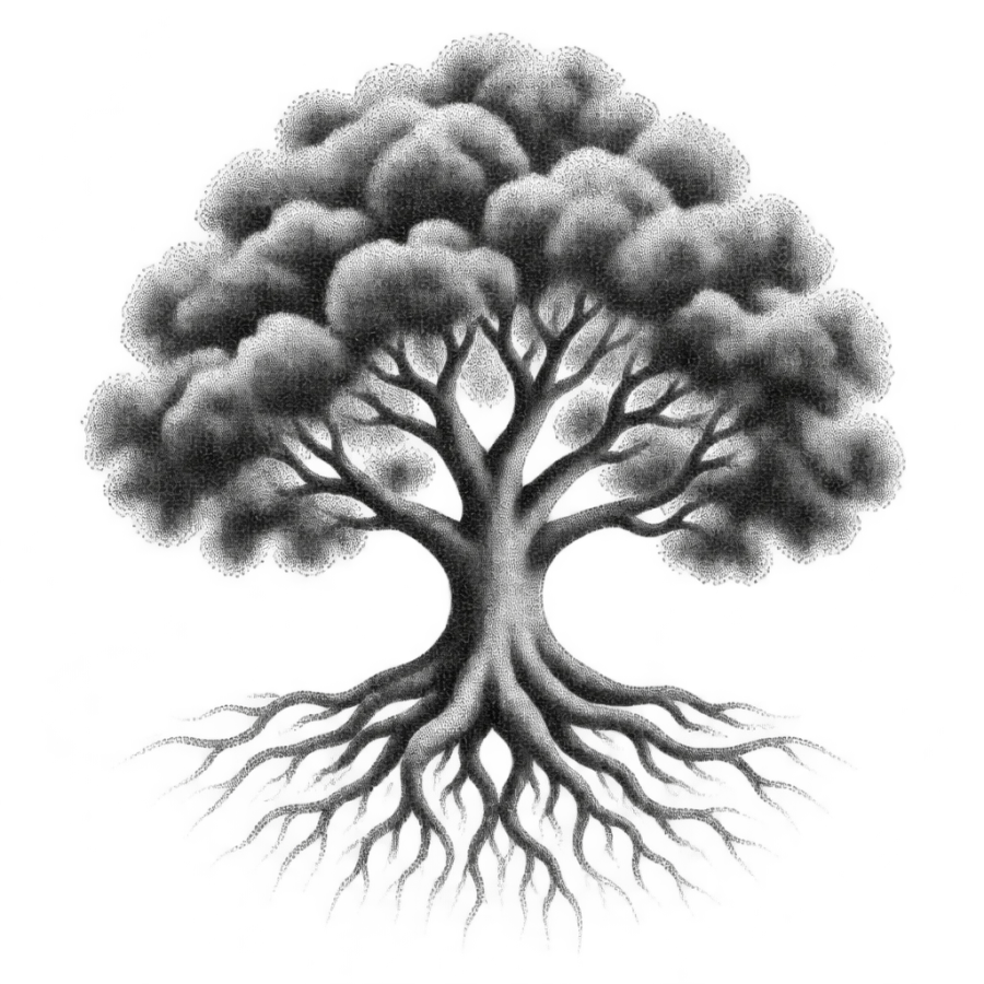 Dotwork tree of life tattoo built from stippled dots with no outline