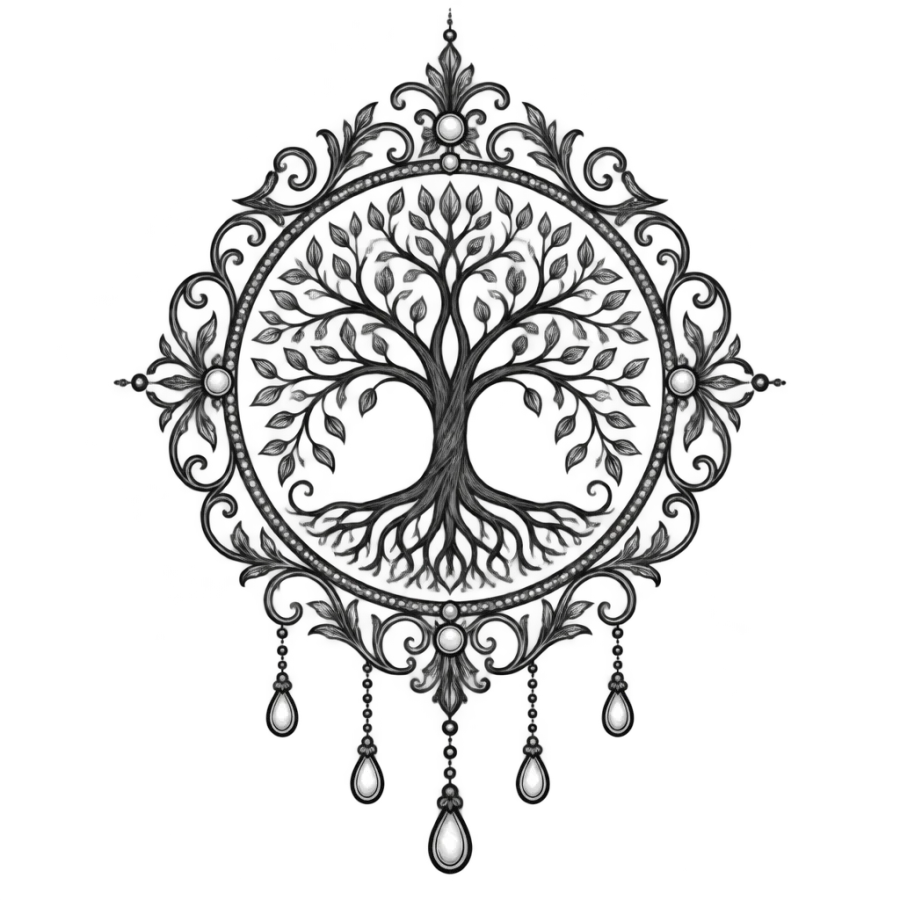 Filigree tree of life tattoo inside a lace medallion with pearl drops