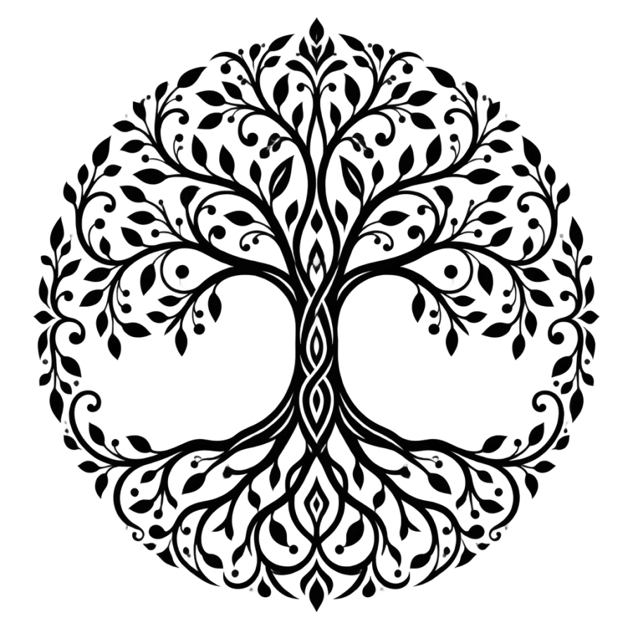 Ornamental tattoo design of a tree of life forming a closed circle