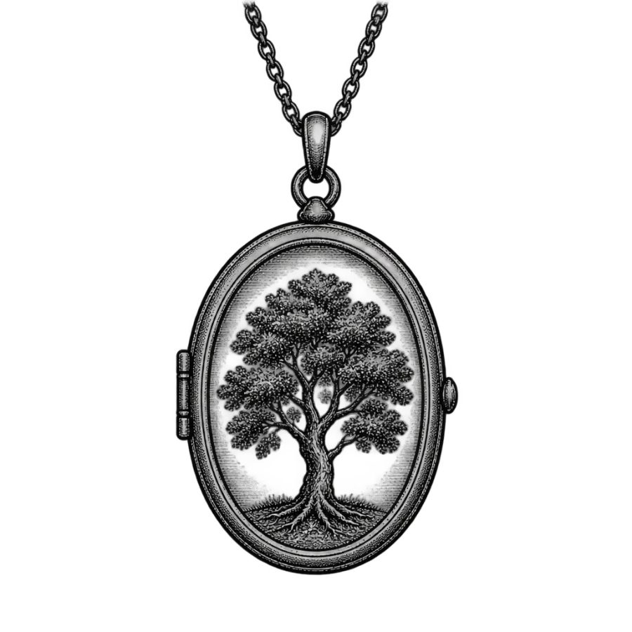 Woodcut style tattoo design of a tree inside a hanging locket