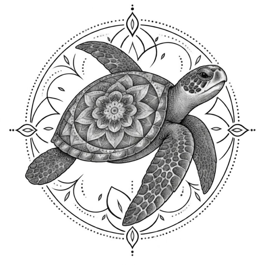 Fine line sea turtle tattoo design with an ornate mandala patterned shell