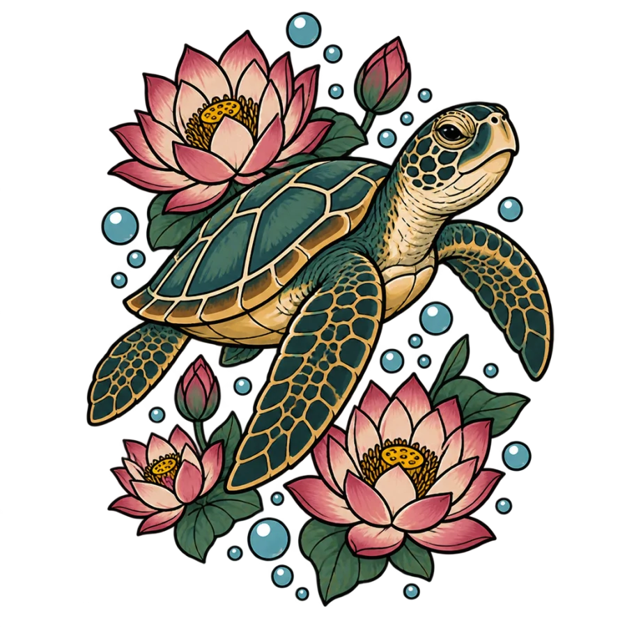 Neo traditional turtle tattoo design swimming among lotus blooms in colour
