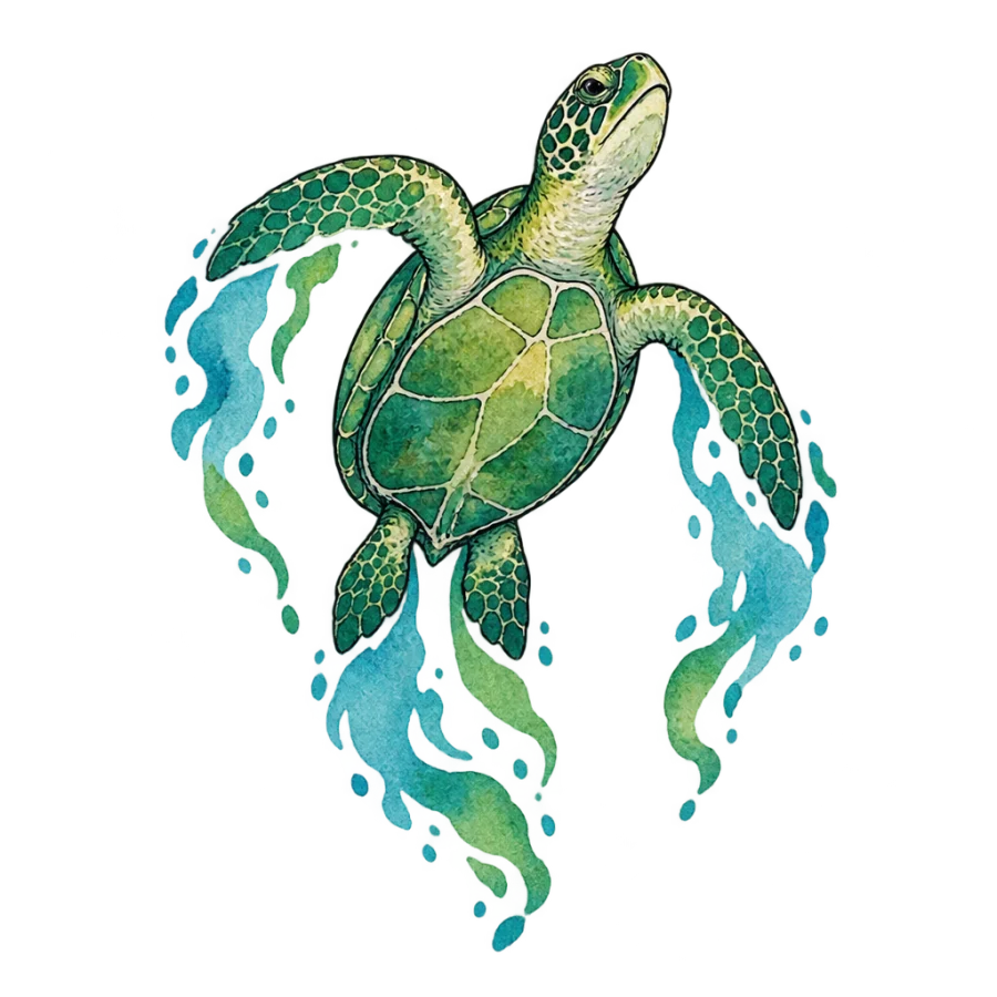 Watercolour sea turtle tattoo design rising with turquoise and jade washes