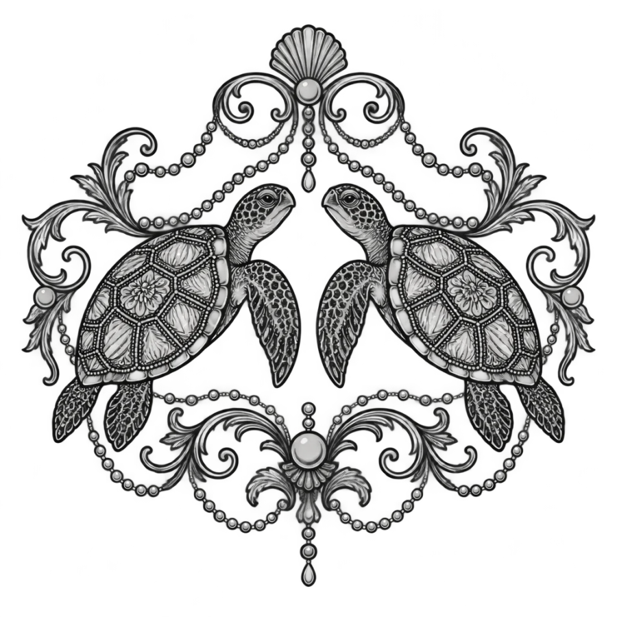 Ornamental filigree tattoo design of two mirrored sea turtles with lace scrollwork