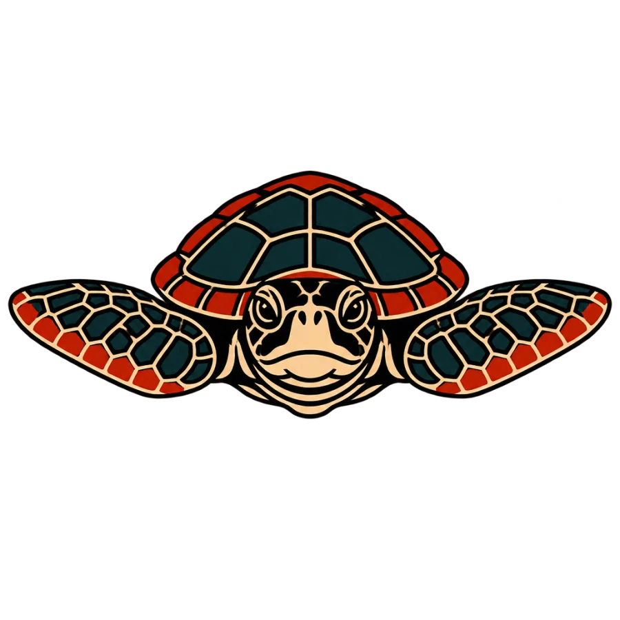 American traditional sea turtle tattoo design seen front on in bold colour