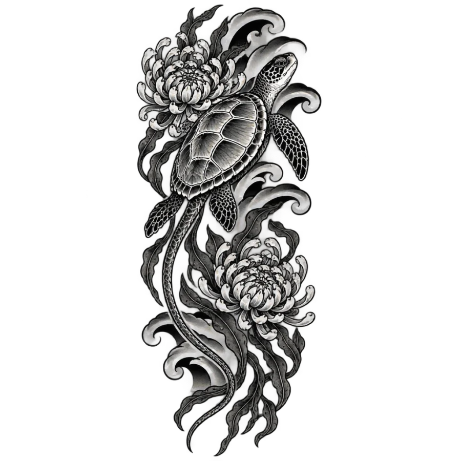 Japanese irezumi turtle tattoo design with trailing seaweed and chrysanthemum blooms