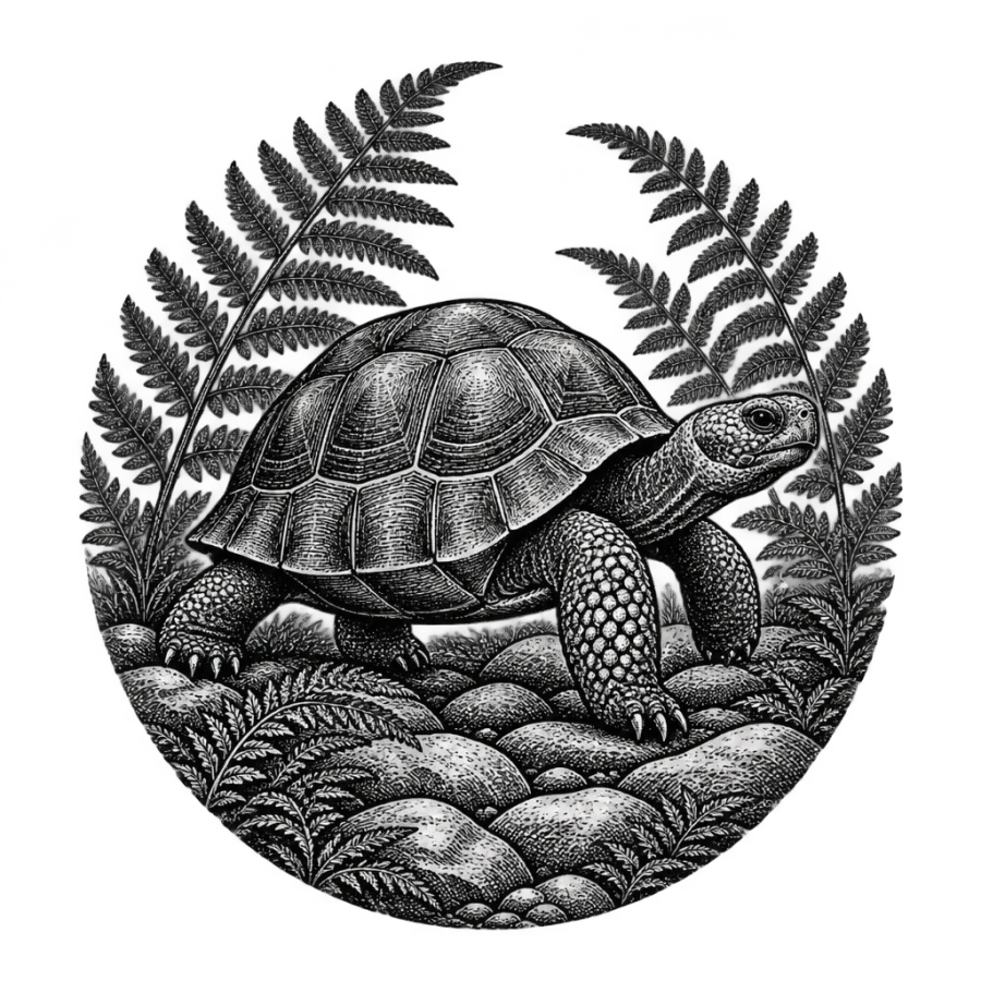 Woodcut engraving tattoo design of a tortoise walking among fern fronds