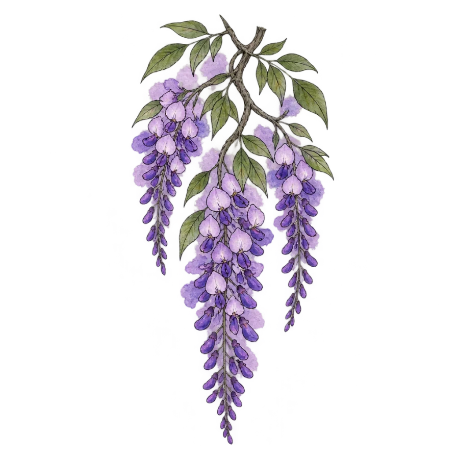 Watercolor wisteria vine tattoo hanging in long violet flower racemes