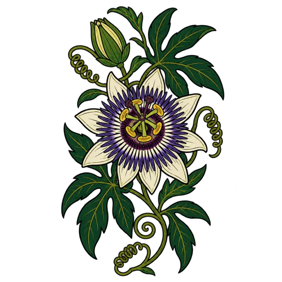 Neo traditional passionflower vine tattoo with one open bloom and tendrils