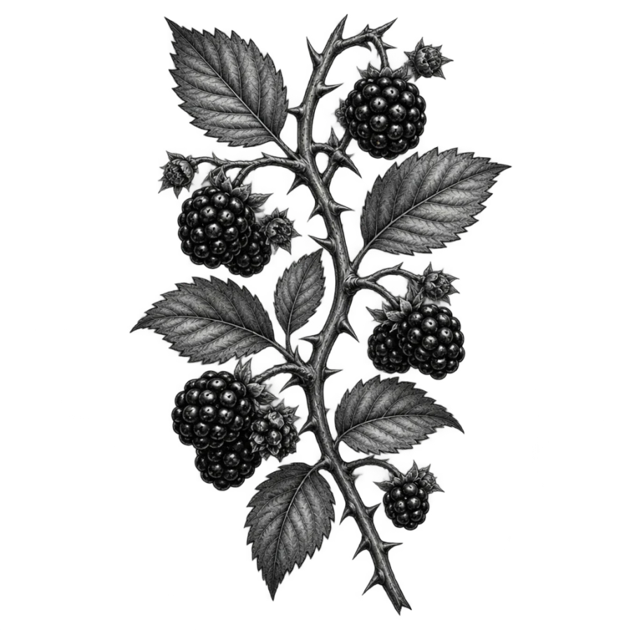 Black and grey realism bramble vine tattoo with blackberries and thorns