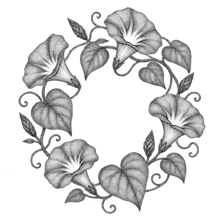 Dotwork morning glory vine tattoo coiled into a round medallion