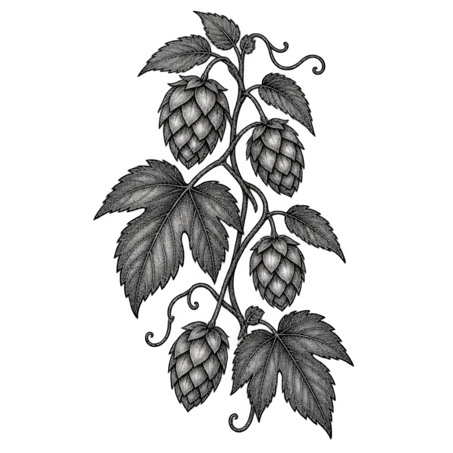 Engraved hop vine tattoo drawn as a hatched botanical plate study