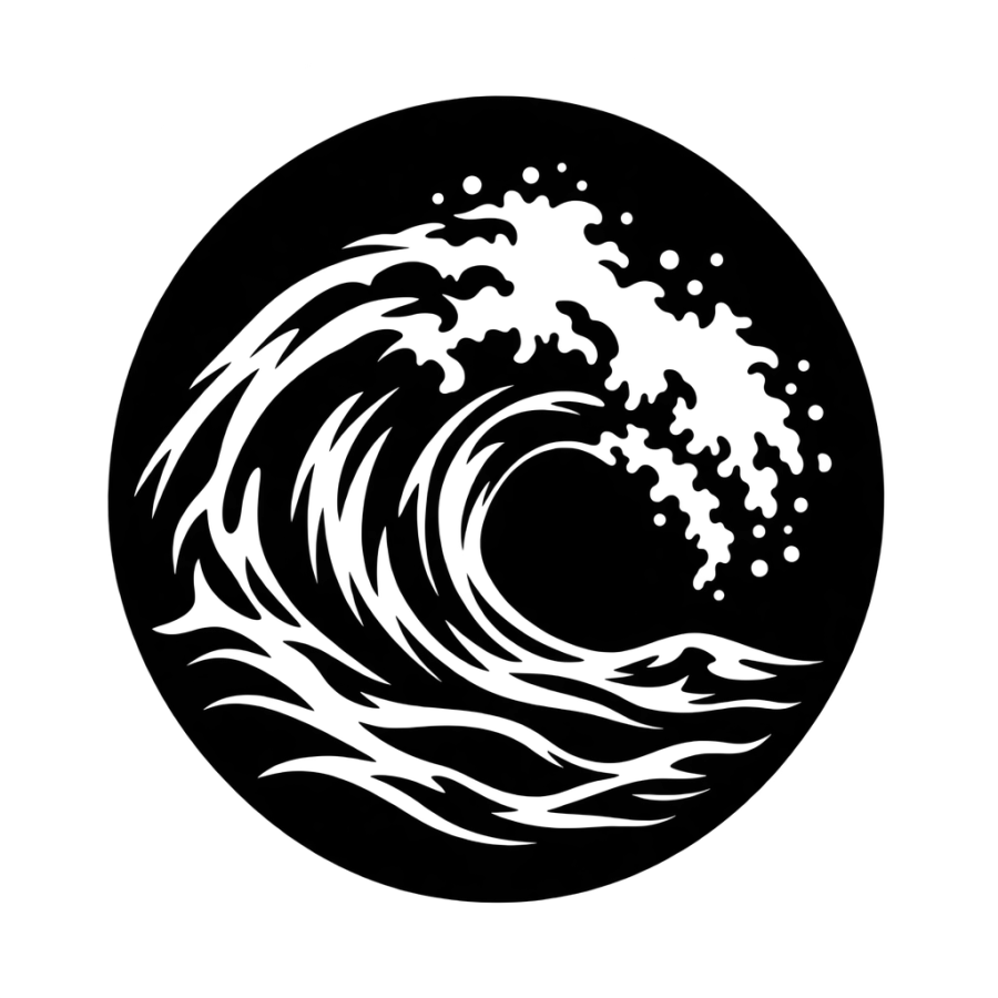 Blackwork tattoo medallion with a breaking wave in negative space