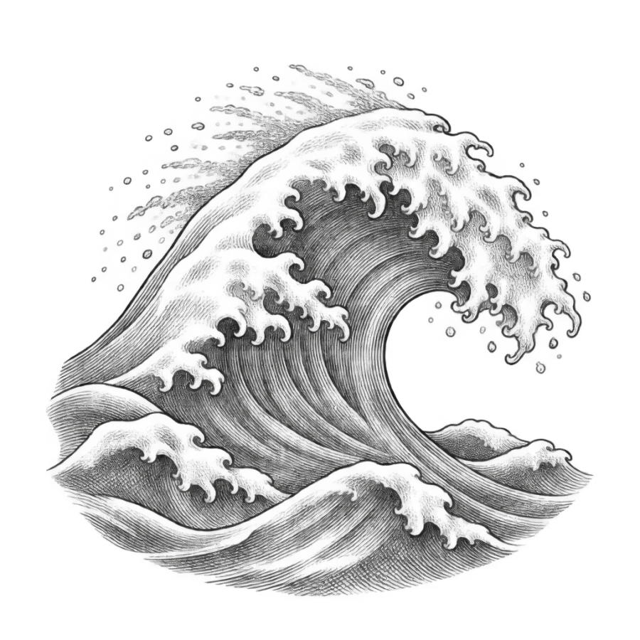Engraved woodcut wave tattoo design of a curling crest with foam claws