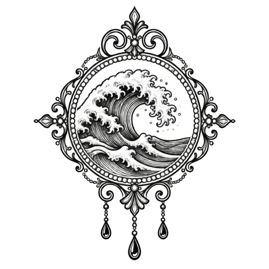 Ornamental filigree wave tattoo design inside a beaded round medallion