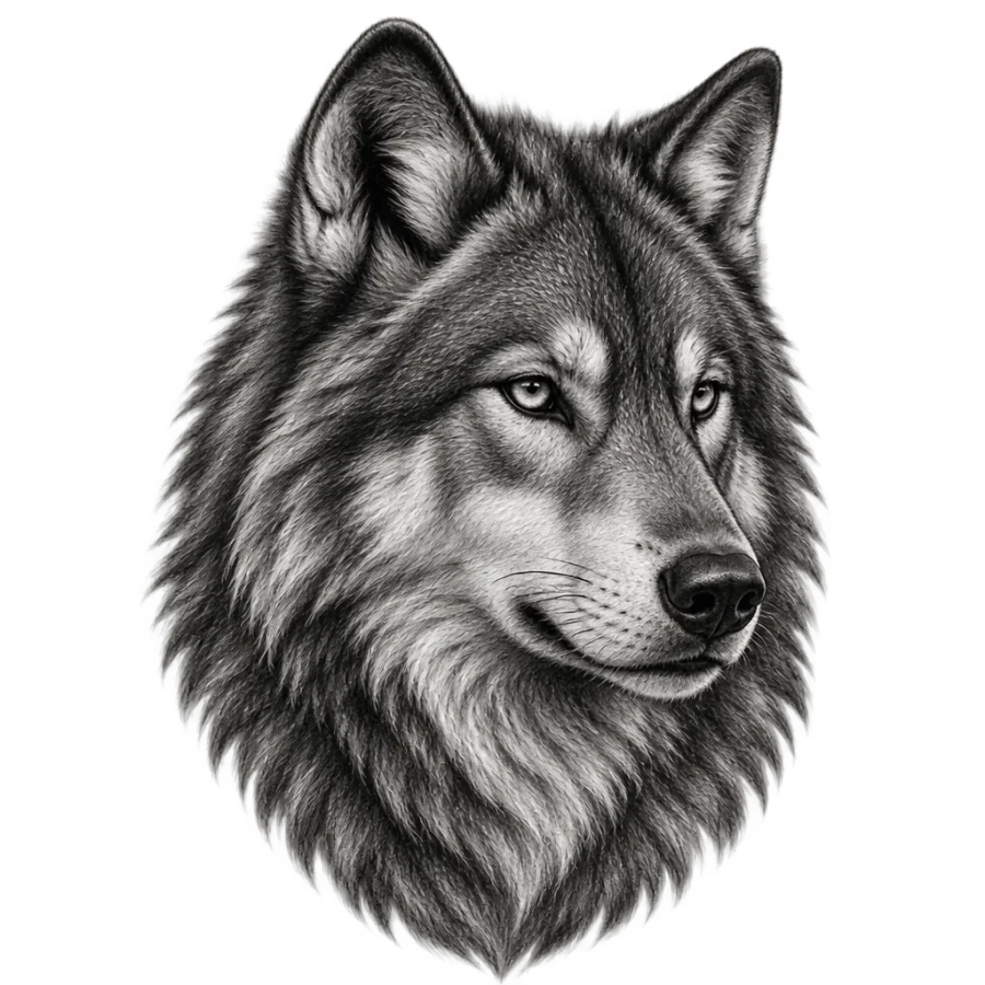 Black and grey realism tattoo design of a wolf head three quarter view