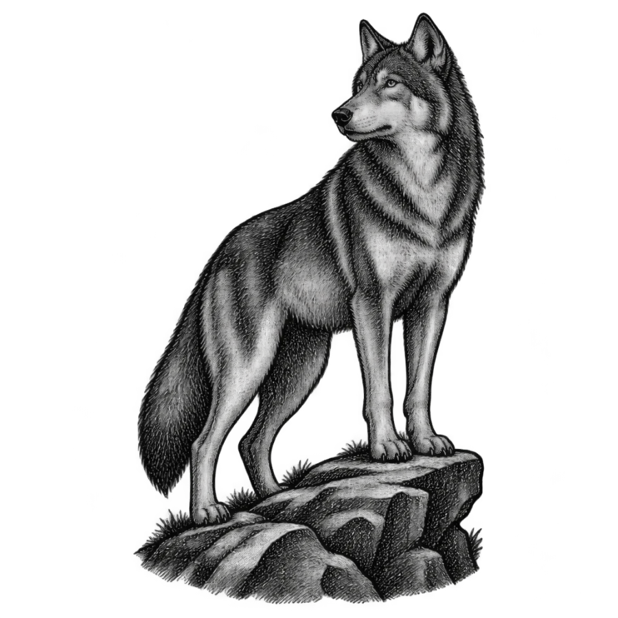 Woodcut style tattoo design of a wolf on a rocky outcrop