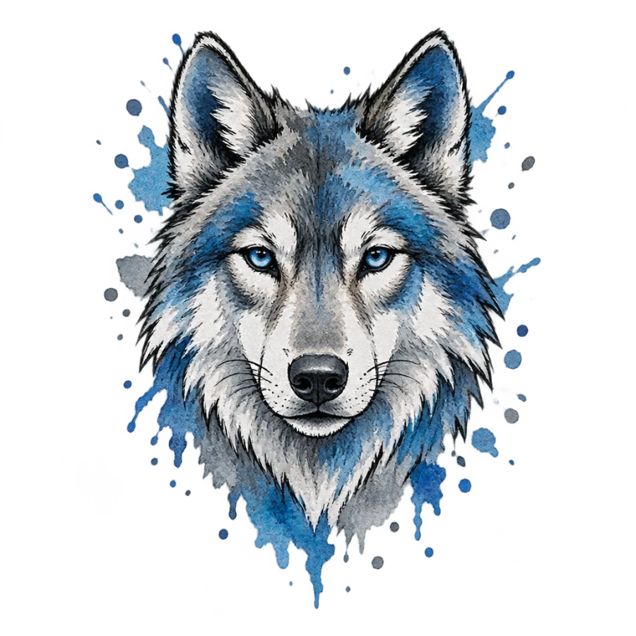 Watercolour tattoo design of a wolf head in blue and grey washes