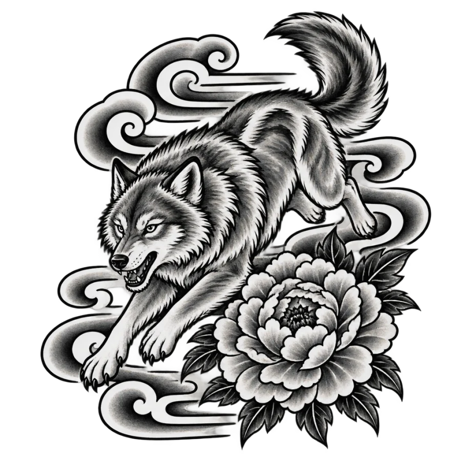 Japanese irezumi tattoo design of a leaping wolf with a peony