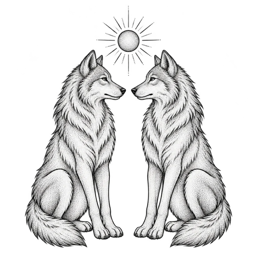 Fine line tattoo design of two mirrored wolves facing under a rising sun