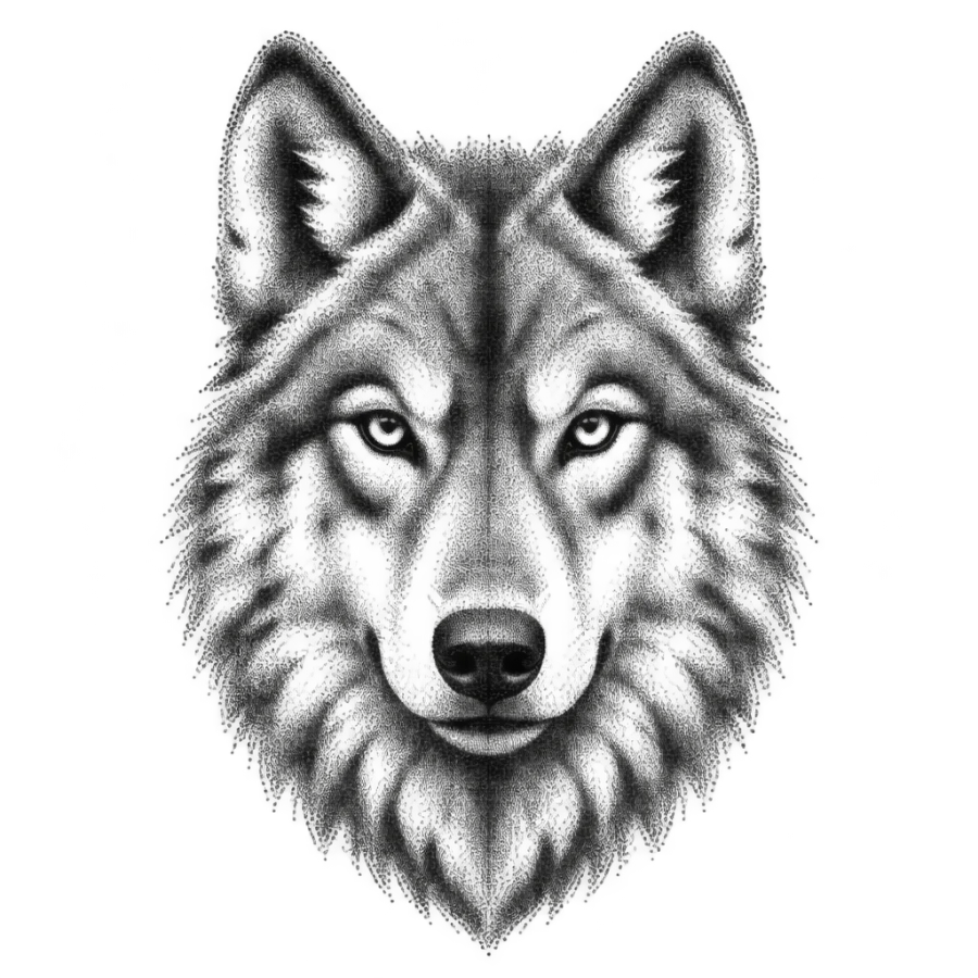 Dotwork stippled wolf head tattoo design seen front on with no outlines