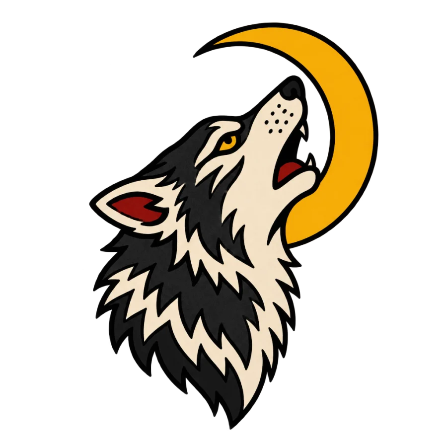 American traditional tattoo design of a howling wolf and crescent moon