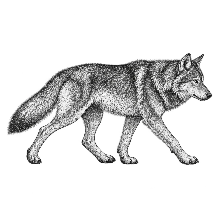 Dotwork tattoo design of a wolf walking in profile