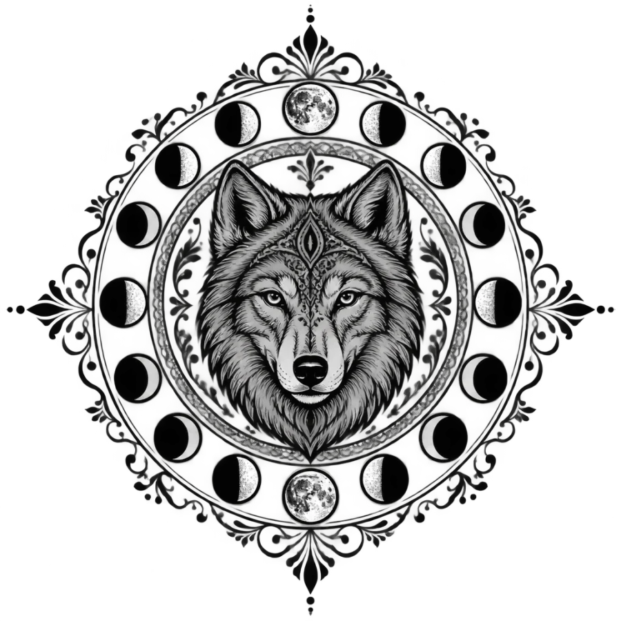 Ornamental tattoo design of a wolf medallion ringed by moon phases