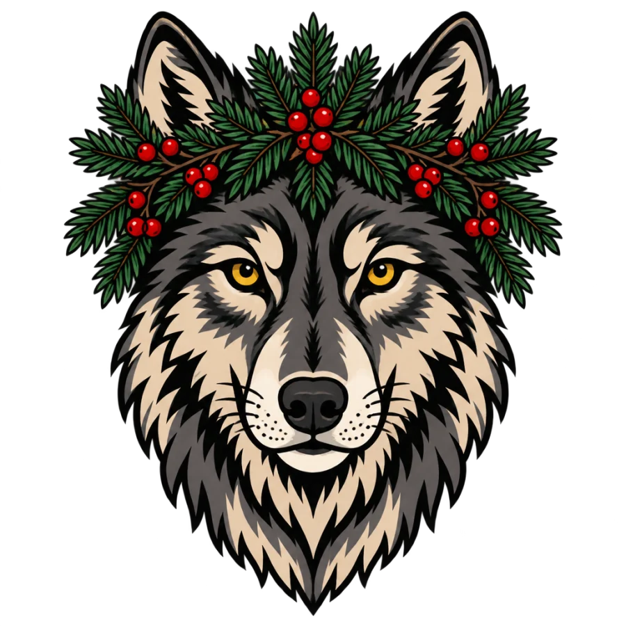 Neo traditional tattoo design of a wolf crowned with pine and berries