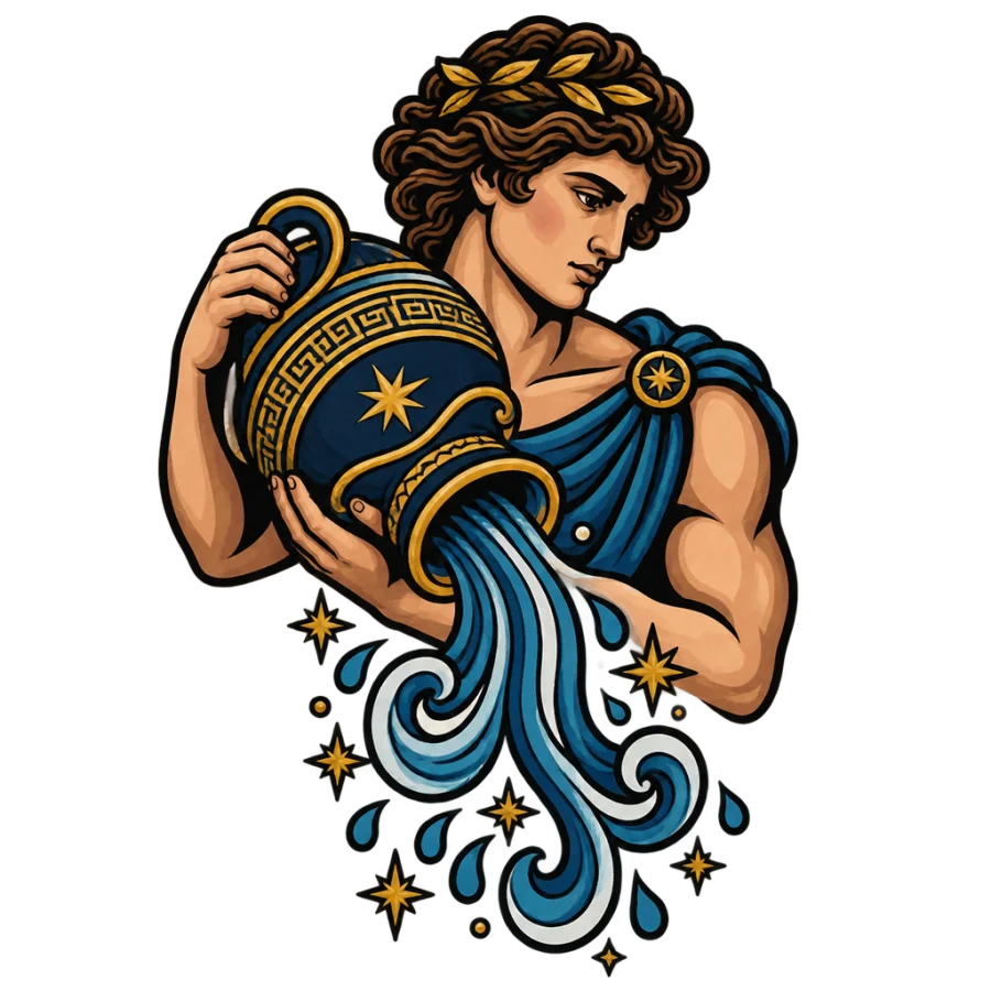 Neo traditional tattoo of the Aquarius water bearer pouring a starry urn