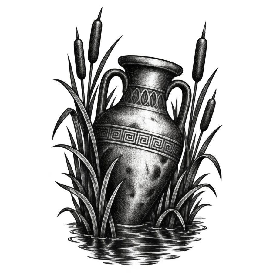 Engraving style tattoo of an antique amphora among river reeds