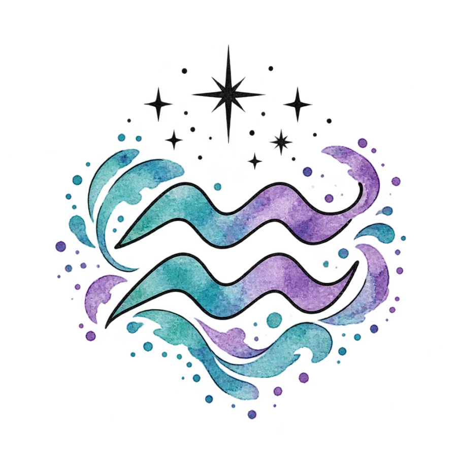 Watercolor tattoo of the Aquarius waves in aqua and violet washes