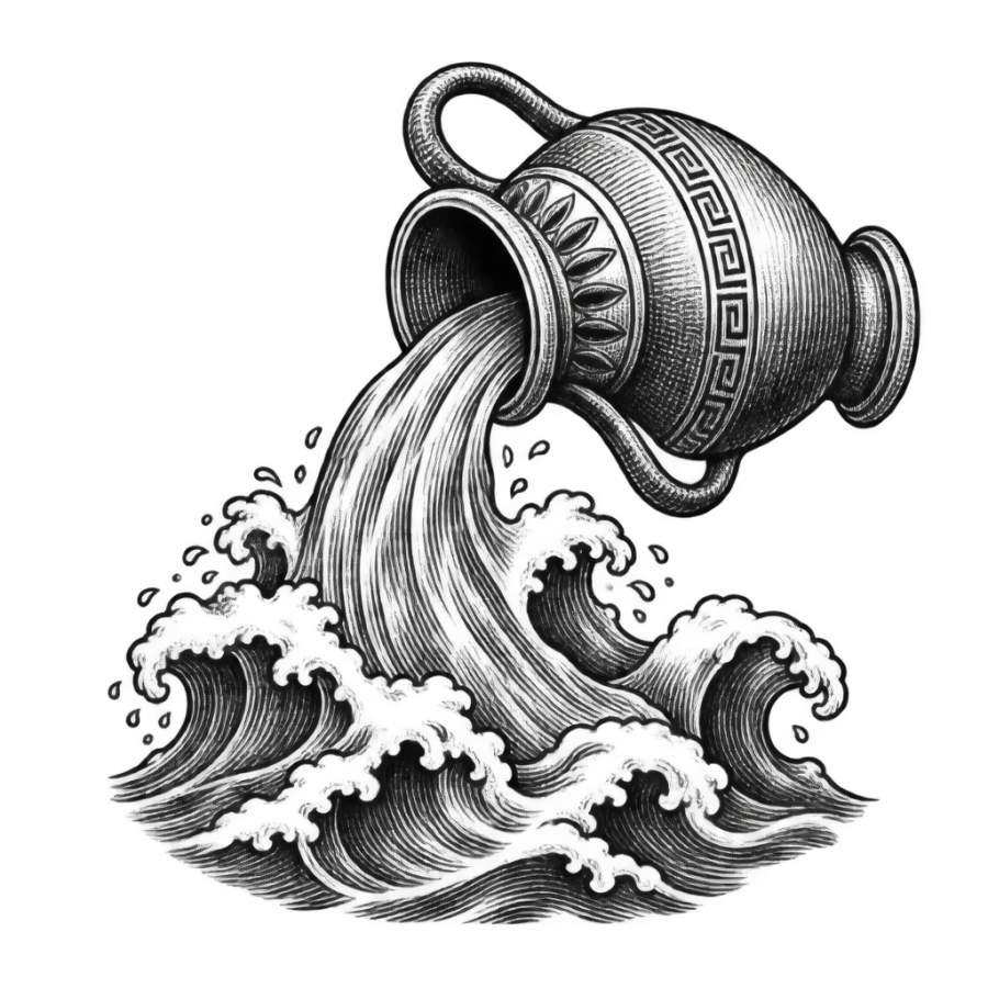 Engraved Aquarius tattoo design of an amphora spilling water over waves