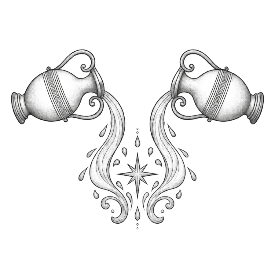 Fine line Aquarius tattoo design of mirrored amphorae pouring toward a star