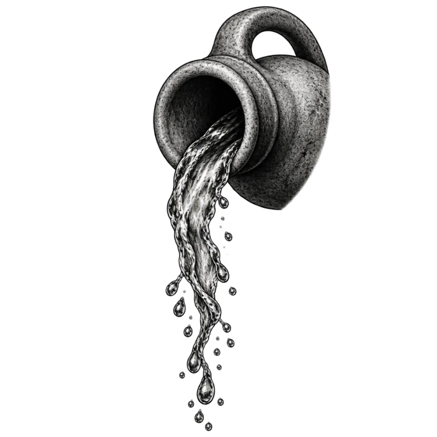 Black and grey realism tattoo of water pouring from a stone jug