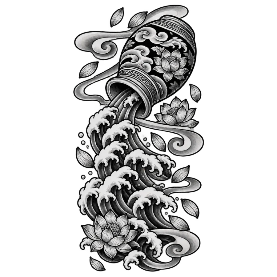 Japanese irezumi tattoo of a jar pouring into waves with lotus petals