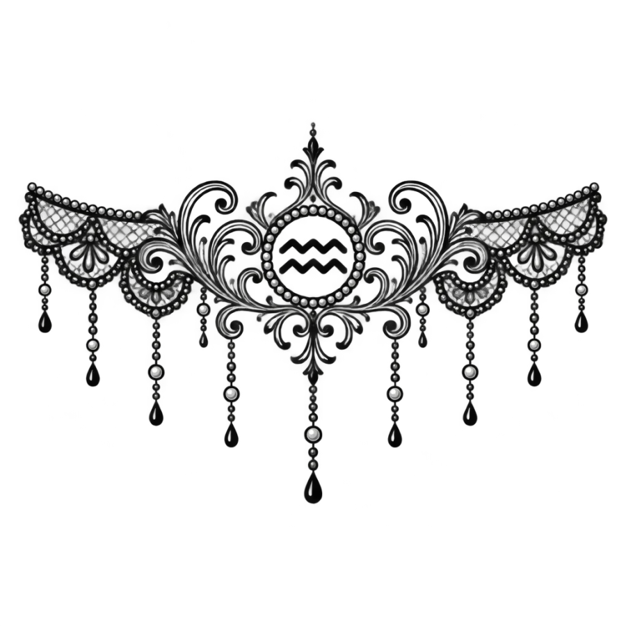 Ornamental filigree band tattoo of the Aquarius waves with falling pearls