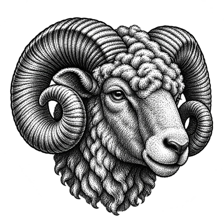 Engraved Aries ram head tattoo design with curling spiral horns