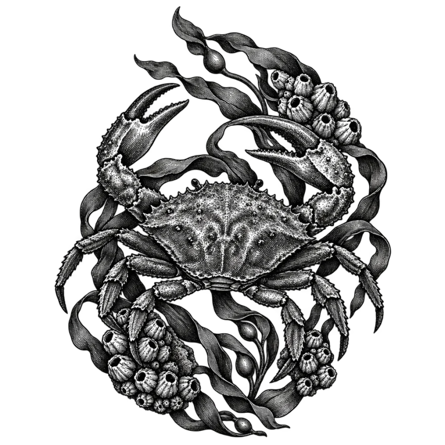 Engraving style tattoo of a crab among seaweed ribbons and barnacles