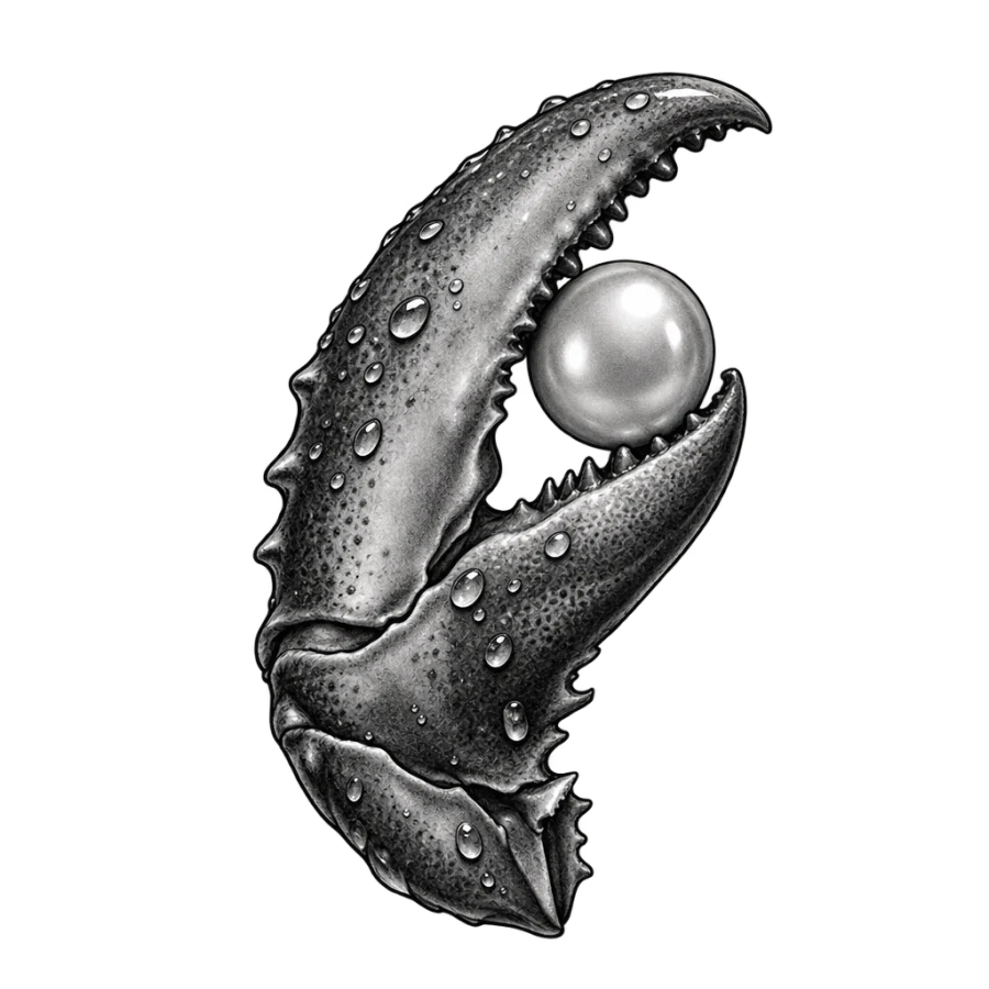 Black and grey realism tattoo of a crab claw holding a pearl