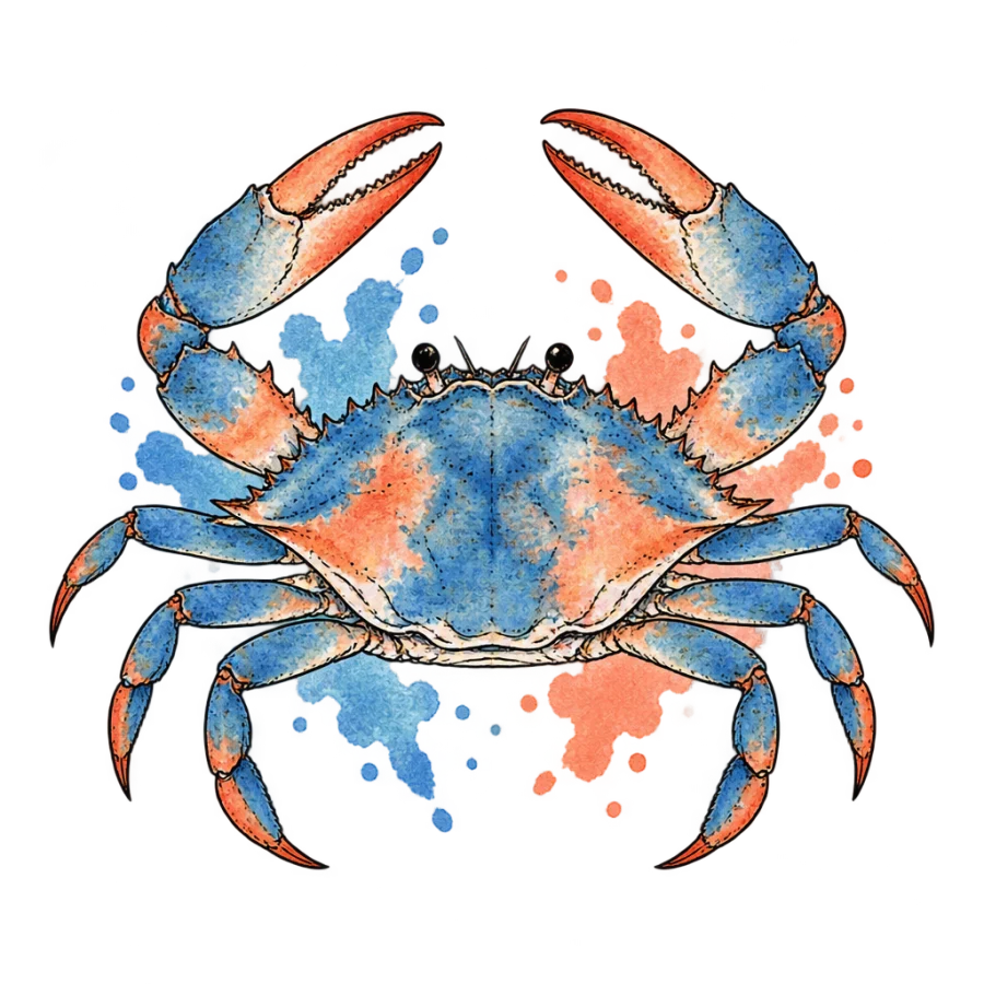 Watercolour Cancer tattoo design of a crab with loose blue and coral washes