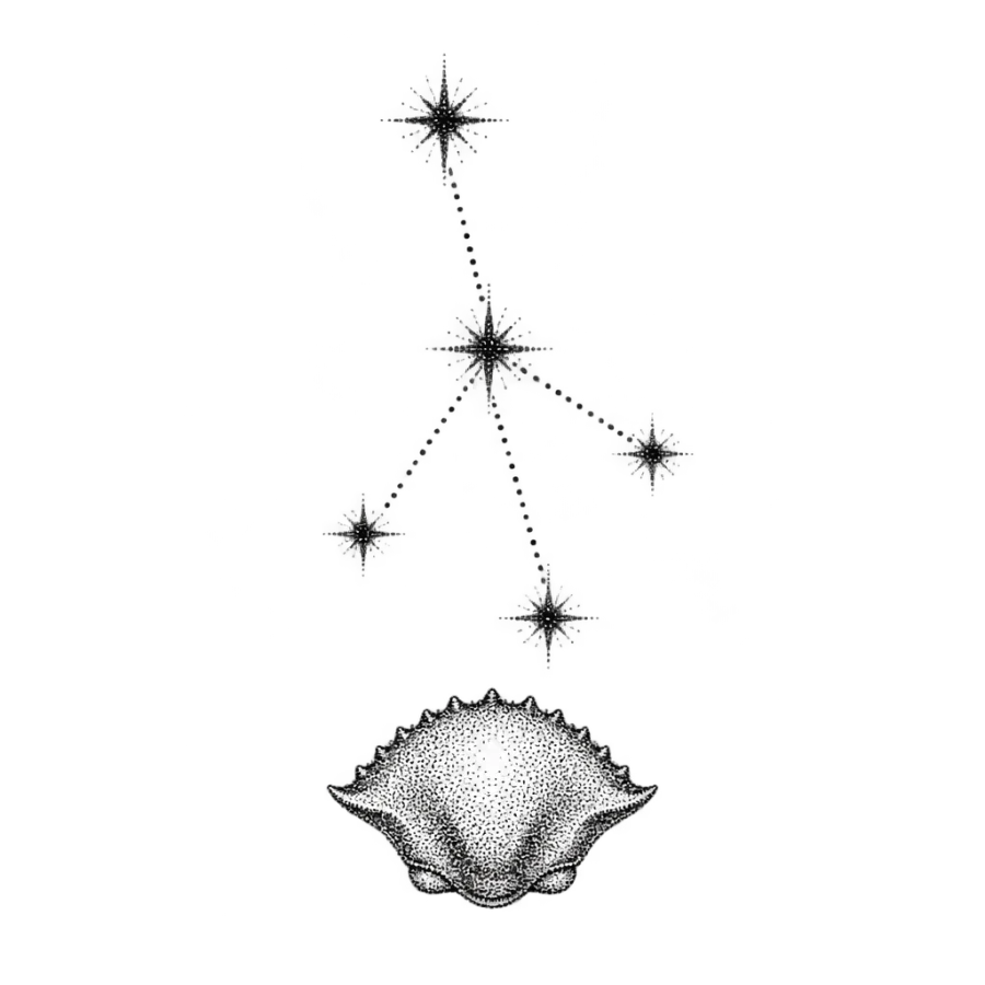 Dotwork Cancer constellation tattoo design above a small crab shell
