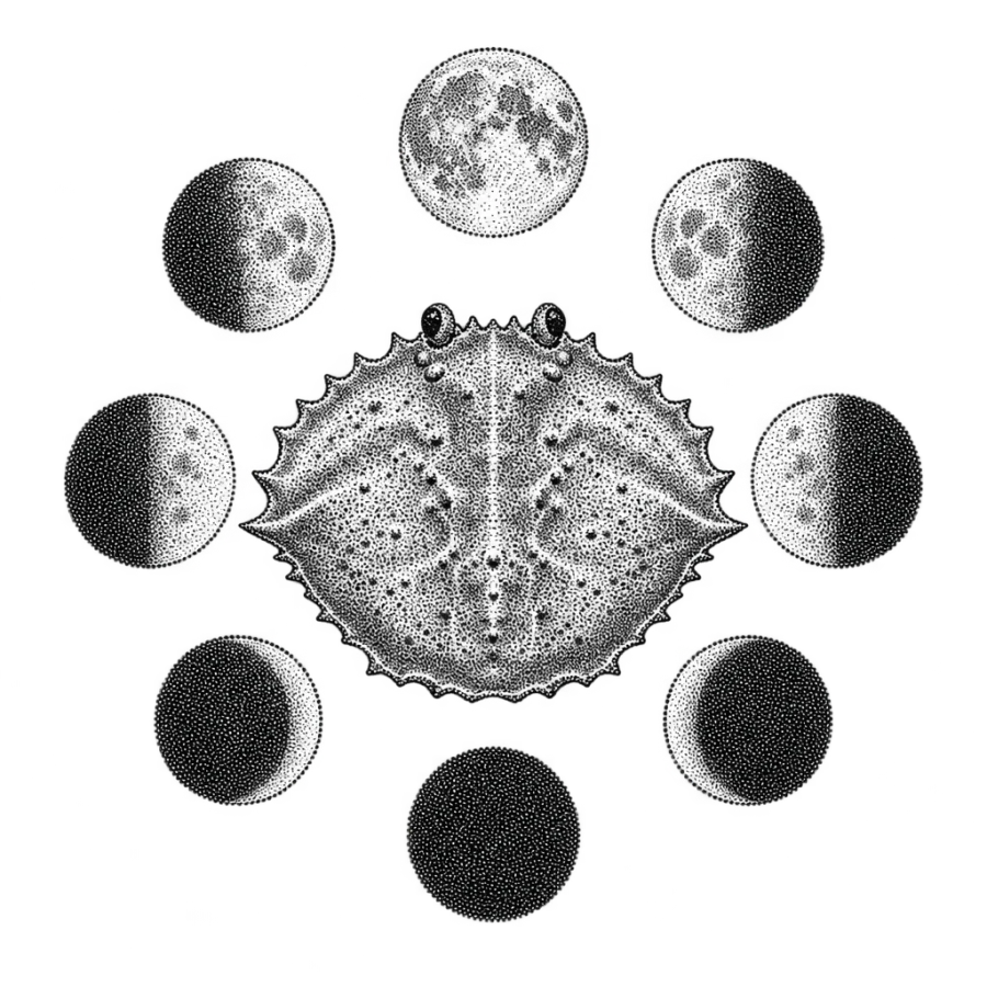 Dotwork stippled crab shell medallion ringed by the eight moon phases