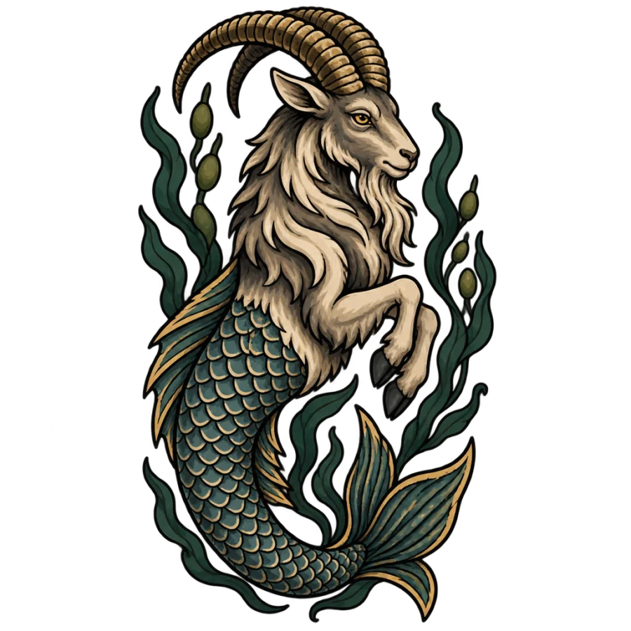 Neo traditional tattoo of a sea goat with ridged horns and a fish tail