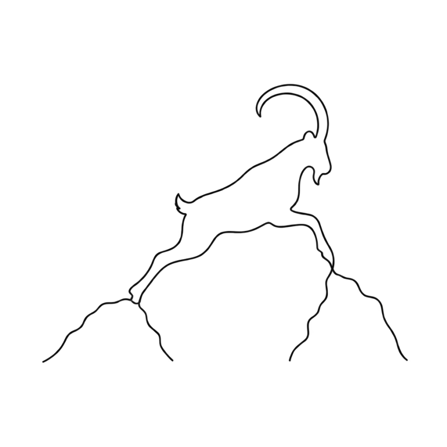 Minimalist single line tattoo of a goat leaping between two rocks