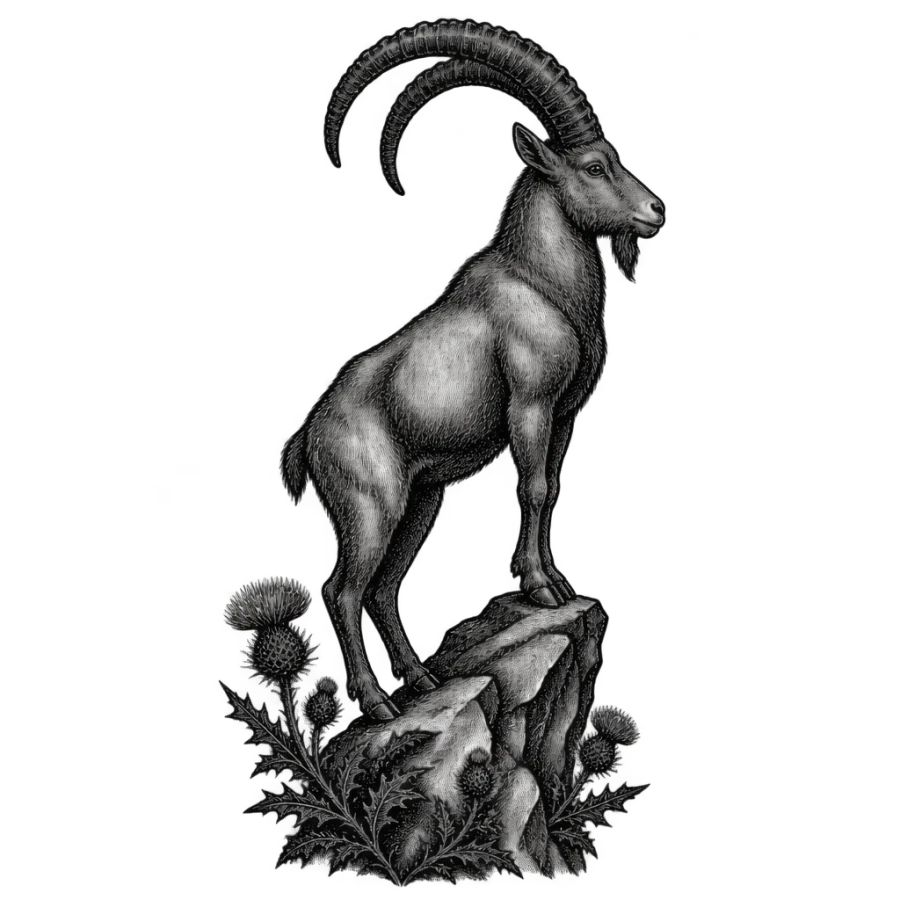 Engraving style tattoo of an ibex on a crag above alpine thistles