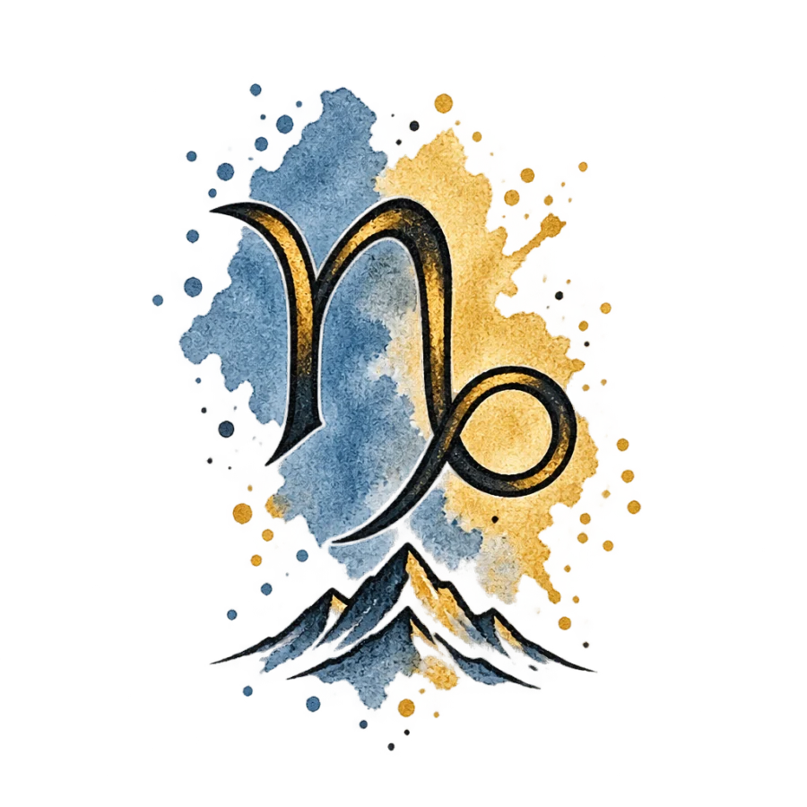 Watercolor tattoo of the Capricorn glyph in slate blue and gold washes