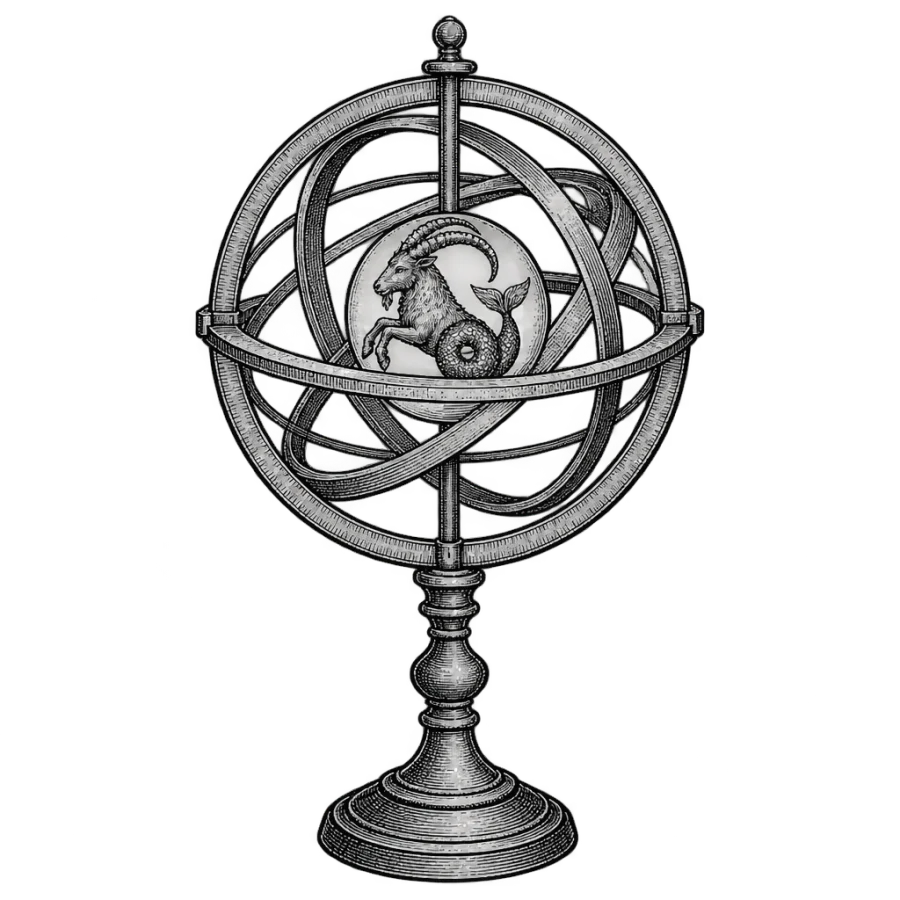 Engraved armillary sphere tattoo design holding the Capricorn sea goat symbol